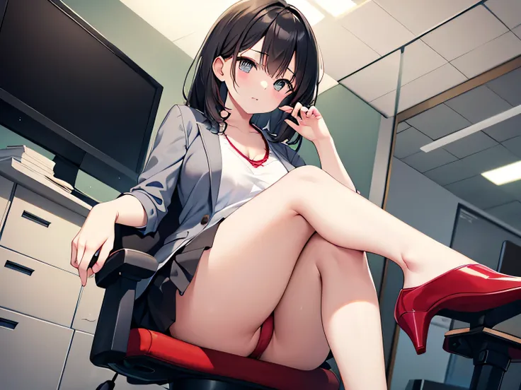 (Masterpiece, top quality, high resolution, realistic photo, realistic looking skin:1.1),
(Woman is sitting in office chair in desk with file drawers:1.5),
(She has her legs crossed and is lecturing me and you can almost see her panties: 1.8),
(She is expr...