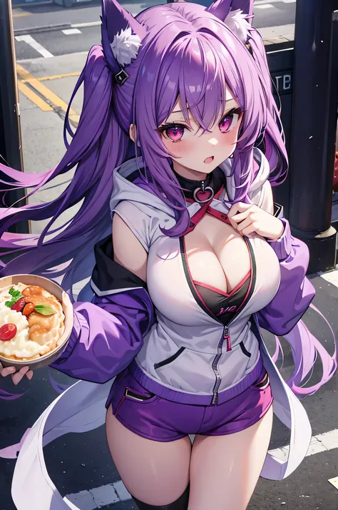 Fox Girl, Big Breasts, Voluminous purple hair, masterpiece , Red eyes、Double teeth、tooth、Blushed cheeks、 hd, from head to chest, buried in my chest、Underbust、Cleavage、hoodie、hot pants