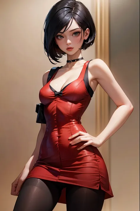 (masterpiece, best quality:1.2), expressive eyes, perfect face, highres, 1girl, solo, adadress, red dress, short dress, sleeveless dress, cleavage, choker, pantyhose, standing, hand to hip, parted lips, cowboy shot, looking at the viewer,