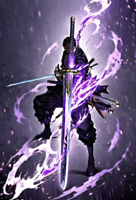 best quality, super fine, 16k, incredibly absurdres, extremely detailed, swordsman, mighty samurai, dull glowing sword, black-pu...