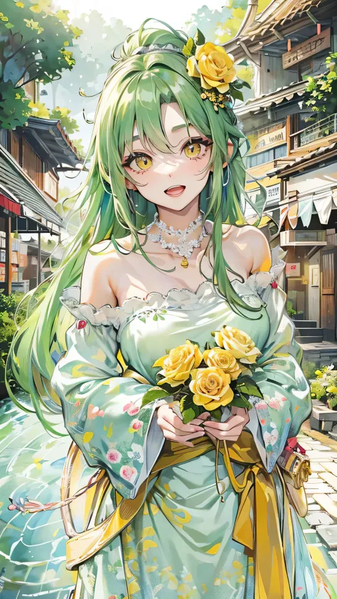 perfect anatomy, masterpiece:1.4, best highres, 16k, (the background is Hot Spring Town), ((background many hot spring with fog)), (in the Souvenir shop,enjoy shopping style), break,  
(wide-angle, frontale:1.2) (solo:1.3 ponytail green hair long hair cute...