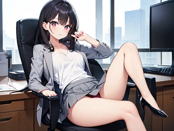 (Masterpiece, top quality, high resolution, realistic photo, realistic looking skin:1.1),
(Woman is sitting in office chair in desk with file drawers:1.5),
(She has her legs crossed and is lecturing me and you can almost see her panties: 1.8),
(She is expr...