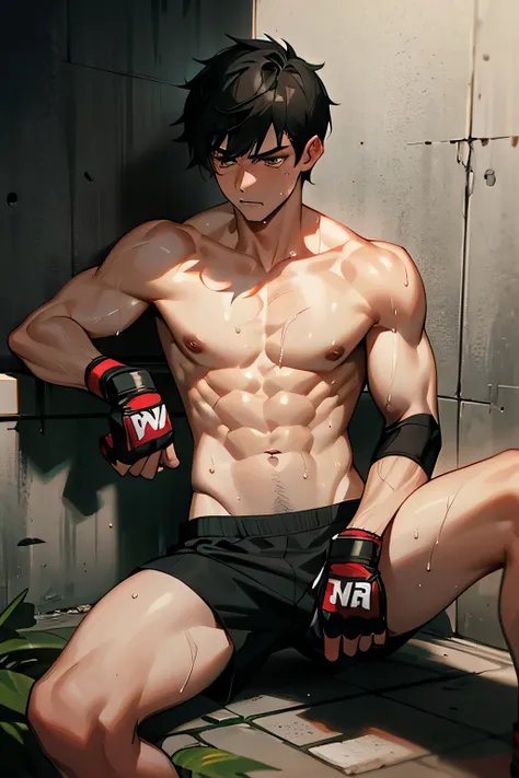 shirtless handsome manly short black hair caucasian male mma fighter, mma gloves, mma shorts, sweat-drenched, soaking wet, drenched with sweat, sweating profusely, sitting against the wall, exhausted, panting, in the gym