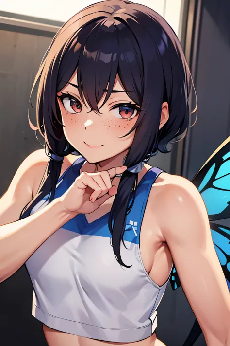 Boku no hero screenshot of an anime girl with brown hair and blue hair. She has butterfly wings. Light brown eyes. Freckles. She has a happy expression., cuerpo completo