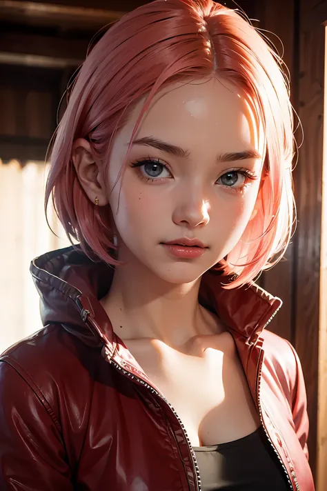 sakura haruno, seductive, ((forehead to show)), attractive, sexy eyes, red coat, pink hair, delicate, young, short hair, detaile...