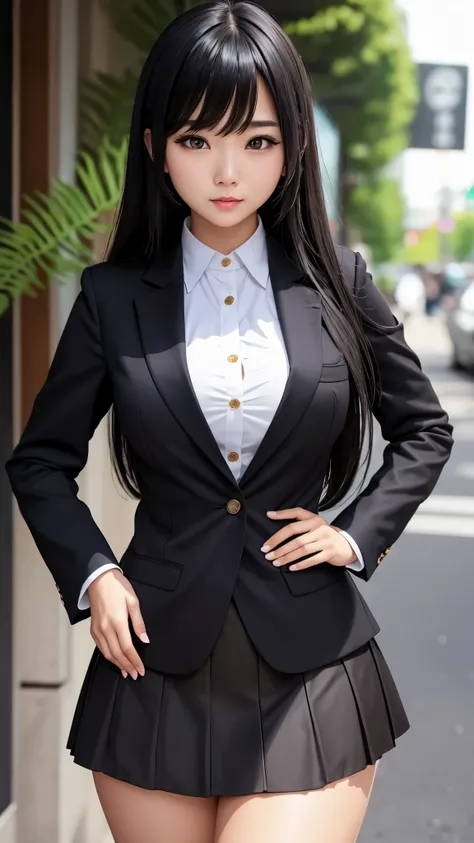 Detailed face、highlight、Beautiful thighs、Asian、girl、breast enhancement、bangs、Black Hair、Cosplay、Fern、skirt、blazer、