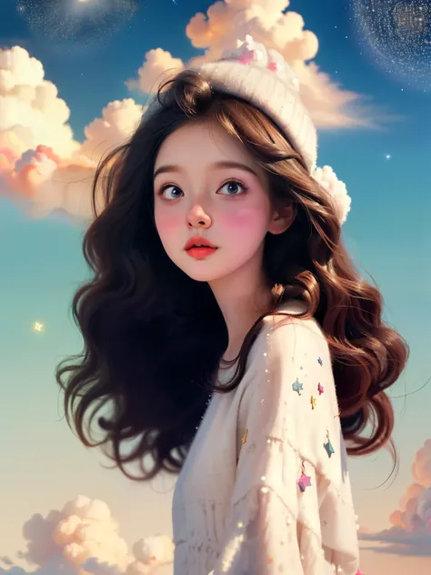 (best quality,4k,8k,high resolution,masterpiece:1.2), the girl in the clouds has hair as fluffy as clouds, tiny stars, fantasy i...