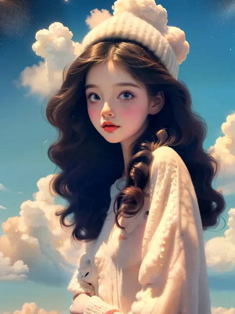 (best quality,4k,8k,high resolution,masterpiece:1.2), the girl in the clouds has hair as fluffy as clouds, tiny stars, fantasy i...