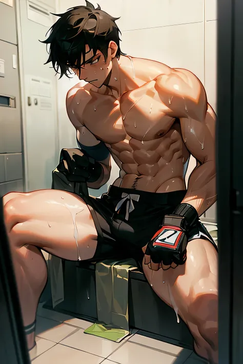 shirtless handsome manly short black hair caucasian male mma fighter, mma gloves, mma shorts, sweat-drenched, soaking wet, drenched with sweat, sweating profusely, sittingon the floor, leaning against the wall, exhausted, panting, in the locker room