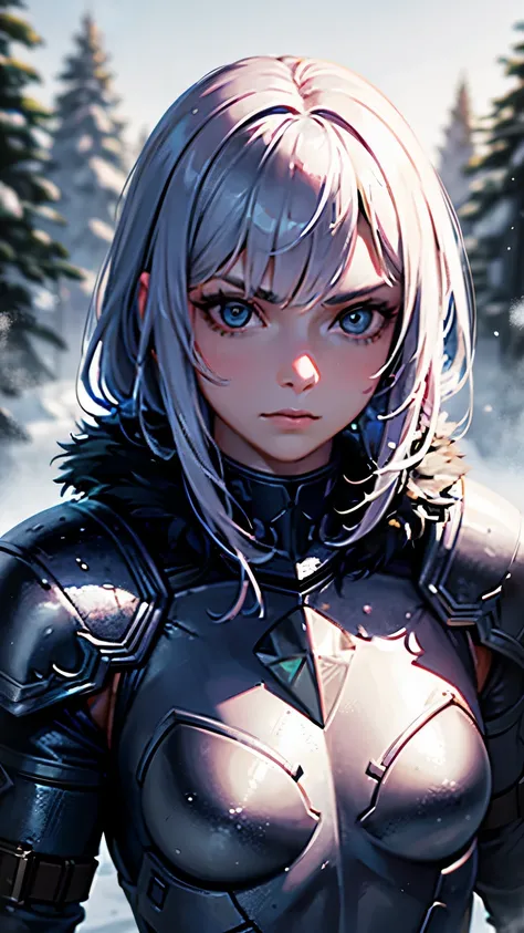 (best quality,4k,highres),(realistic,physically-based rendering),a girl,armor:simple,winter,fur,holding a sword,serious expression,vivid colors,portrait,sharp focus,studio lighting,detail of the eyes,metal texture,cold environment,forest background,falling...