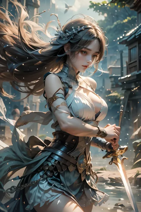 Holding a sword、Ultra-high resolution、((masterpiece)))、(((highest quality)))、((Super detailed))、((Very delicate and beautiful))、Low angle shooting、1 girl、solo、short hair、(whole body)、A tense shot、Visual Impact、Pleated skirt、Realistic Face、Realistic Skin、Cu...