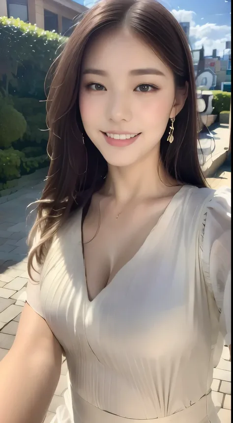 ((highest quality, 8k, masterpiece :1.3)), One Girl, Selfie, close, Very attractive smile:1.2, Slim face, Beautiful woman, (Dark brown hair), Big Breasts:1.3,White ruffled blouse, Highly detailed face, fine grain, double eyelid,  Blur the background, Slim ...