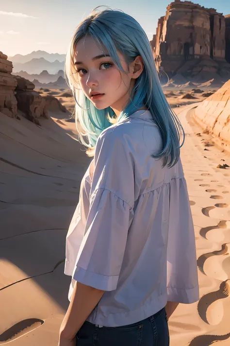 Beautifully drawn, high quality, ultra-detailed CG illustration of a young man with a serene expression, gazing into the distance with his striking light blue hair gently waving in the desert breeze. The scenery behind him is vast and breathtaking, drawing...