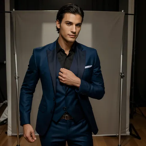 (best quality,masterpiece:1.2),handsome man,tall,black hair,elegant,blue suit,sharp jawline,detailed eyes,strong presence,charismatic smile,confident posture,bright lighting,portrait,studio photography,vivid colors