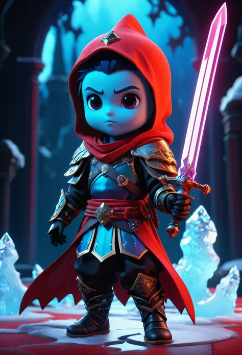 Ghost Swordsman,Dream colors,Best quality,UHD,HDR,high resolution,unreal engine 5,ultra-detailed,hyper realistic,depth of field,symmetrical composition,full body,low saturation,3D rendering,red and black tone,Skottie Young,Blacklight,Ice kingdom