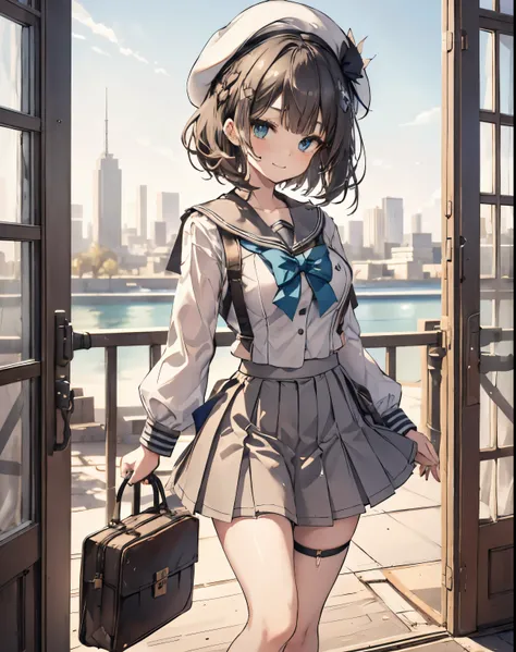 masterpiece, 1girl, sparrow, a black haired girl, wearing a white sailor clothes, curly short hair, messy hair, slim body, he close her left eye, shirt ornament, aqua eyes, sho show her back, ahoge, baby face, big breast, beautiful breasts, rounded breasts...