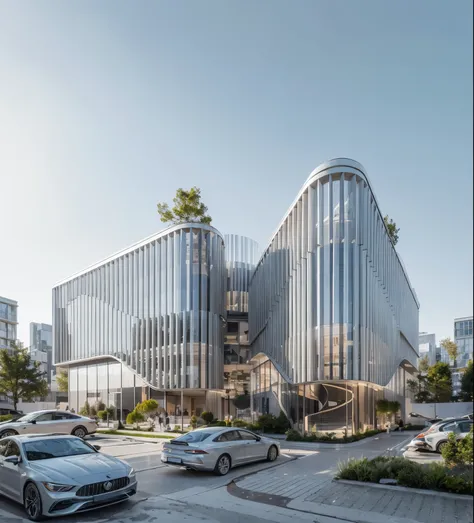 SYJZ,This is a picture of architectural design. There is a modern building in the picture. The exterior design of the building is composed of multiple curves,the color of the curves is white,and the material of the curves is metal. There are some shops und...