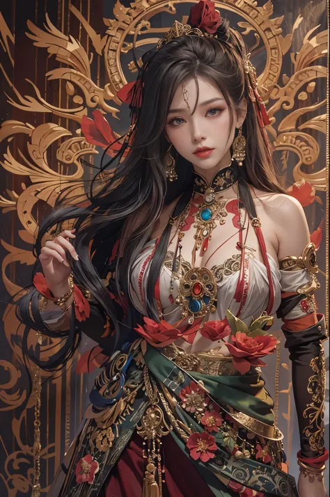 Best quality，masterpiece，((Ultra-fine high resolution))，（Reality：1.4），RAW photos，，Implications，1 girl，Handheld weapons，（Solo exhibitions：1.2），（cowboy lens：1.2），（hair crown：1.2），Traditional costumes of Dunhuang, China，Strapless，（Red Eyeliner：1.2），（black eye...