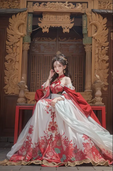 Best quality，masterpiece，((Ultra-fine high resolution))，（Reality：1.4），RAW photos，1 girl，（hair crown：1.2），Traditional costumes of Dunhuang, China，Strapless，（Red Eyeliner：1.2），Earrings and Nipple Rings，Dynamic angle，Broken temple，carved，Messy long hair，Movie...