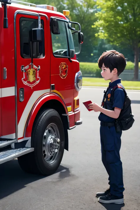 a boy finds a fire engine、　stand face to face with the firefighters in front of the fire engine and ask them questions.