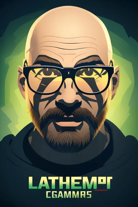 art logo, high resolution, bald character with glasses playing gamer