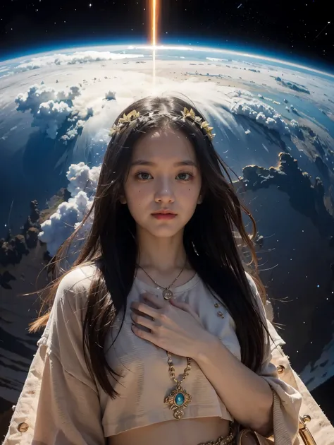 Goddess, 1 lady who the omnipotent creator of the entire universe, greater than all galaxies, represented by the figure of a hyper mega gigantic cloud of energy in the middle of the hyper detailed universe, hyper sharp, hyper-realistic, intricate, 32k, pho...