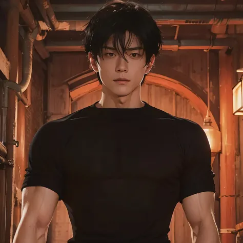 Handsome male,toji in jujutsu kaisen,Muscular body ,Black clothes, black eyes, black hair, short hair x comma hair style,man face 