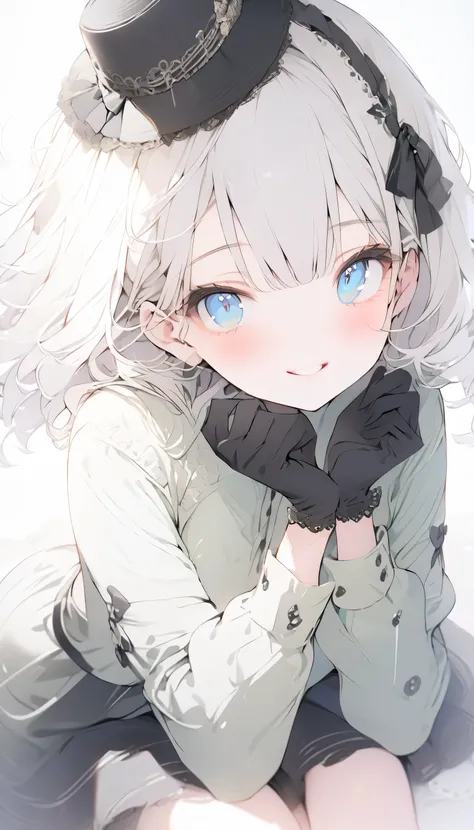 highest quality)), ((masterpiece)), Perfect Face((highest quality)）cute,beautiful girl,Pure white hair,bangs,Medium Hair,blue eyes.alone,smile,cute,Casual Coordination、green、Black gloves、Small hat