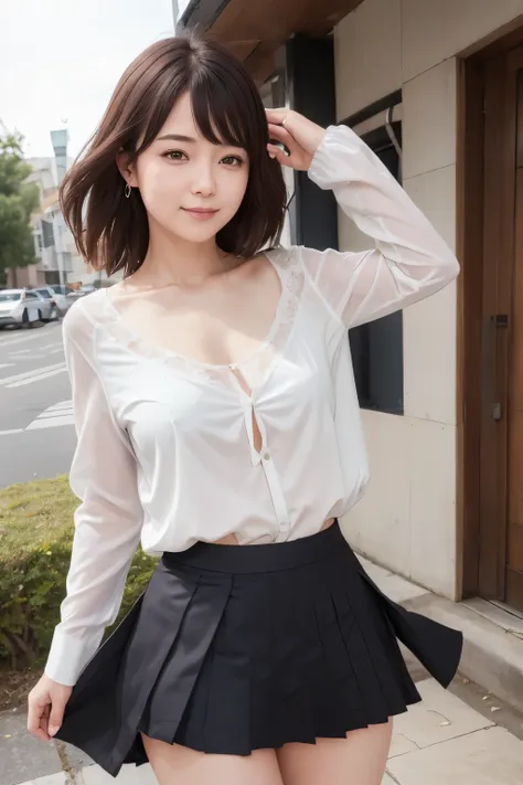 Girl and girl, blouse, ((lifts skirt:1.3)), (wind flips up skirt and reveals panties:1.2), ((shows panties)), light smile, outdoors,