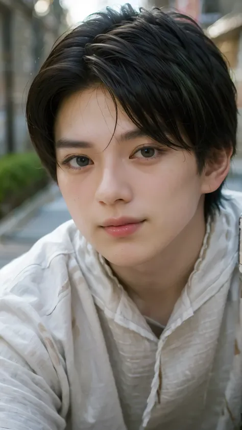 Portrait of the highest quality - 1 boy., 17 years, teenage, character from Final Fantasy XII, grey hair color, short hair, with green eyes, big eyes, town, Solo-focal facial treatment for teenagers, shirtless , Beautiful, smiling, dynamic pose, detailed a...