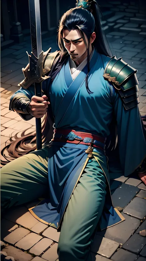 a man in a blue and green outfit holding a sword, heise jinyao, zhao yun, xianxia hero, full body wuxia, bian lian, guan yu, inspired by Guan Daosheng, inspired by Huang Shen, inspired by Zhao Yuan, inspired by Hong Ren, hua cheng, with large sword, pictur...