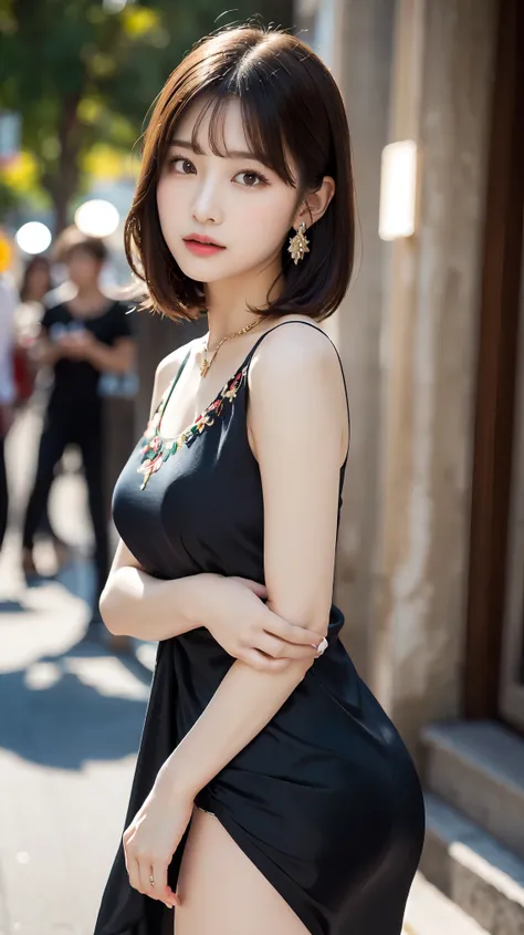 1 female, Beautiful Japanese actresses, Age 25, Double Eyes,mile, Detailed face, Big earrings，Large Necklace, Flashy makeup using red eyeshadow，light brown delicate middle cut hair，the tips of the hair are wavy，Classy hairstyle，fine grain,Slender actress, ...