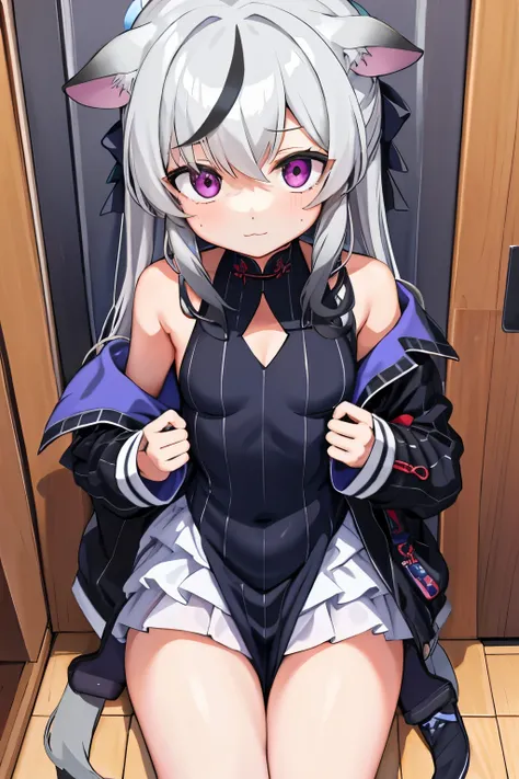 tmasterpiece， best qualtiy， ultra - detailed， 1girll，Gray hair Kokona， inside in room， Purple eye， ：3，the face  closeup cleavage,  Winter suit, winter wonder