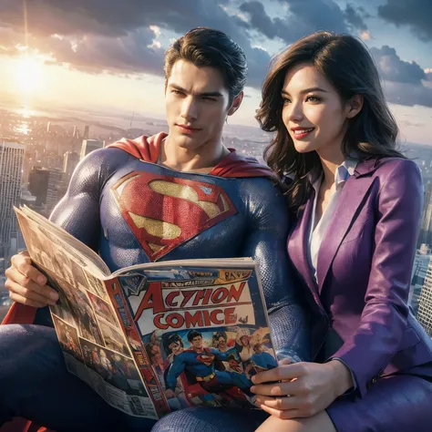 ((very sharp photo result & detailed face)) (((textile shading))), (((Best Quality))), (((masterpiece))), (((hyper realistic photo))) cinematic 3d illustration Superman with classic comic costume & reporter lois lane with straight long hair & purple blazer...