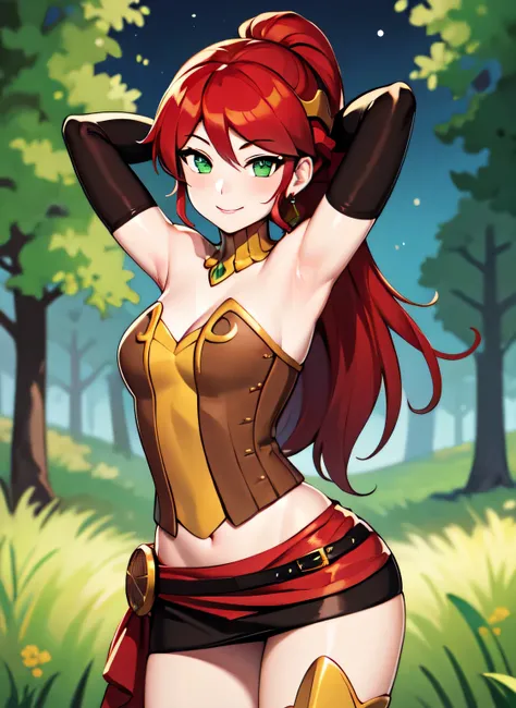 ((best quality)), ((highly detailed)), absurdres, (detailed eyes, deep eyes), (1girl), pyrrha nikos, rwby, red hair, ponytail, green eyes, medium breasts, smiling, circlet, bustier, bare shoulders, skirt, elbow gloves, bracers, solo, (cowboy shot:1.5), nig...