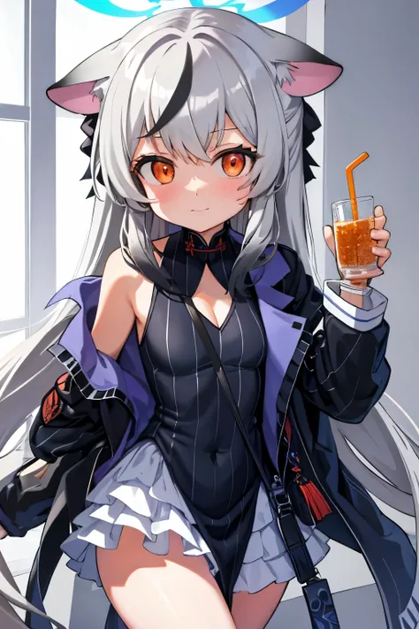 tmasterpiece， best qualtiy， ultra - detailed， 1girll，Gray hair Kokona， inside in room， Orange eye， ：3，the face,  closeup cleavage,  Winter suit, winter wonder