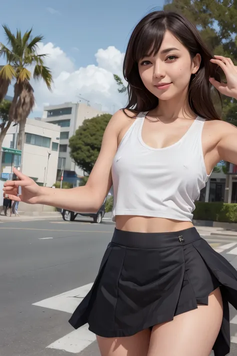 Girls and girls, tank tops, ((lifts up the skirt: 1.3)), (the wind lifts the skirt and reveals the panties: 1.2), ((the panties are visible)), light smile, outdoors,