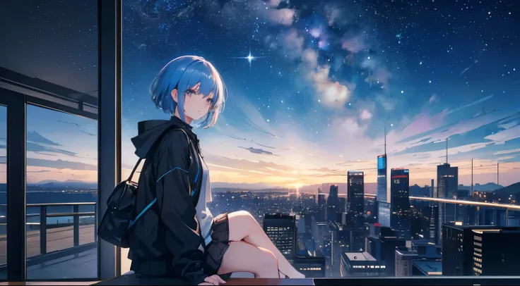 1 girl,octane, Sky, Star (Sky), landscape, Starry Sky, night, 1 Girl, night Sky, Solitary, outdoor, architecture, Milky Way, sitting, Tree, short hair, City, contour, Cityscape, looking at Sky, 8k, beautiful night Sky, Ray Tracing, masterpiece, Cute face