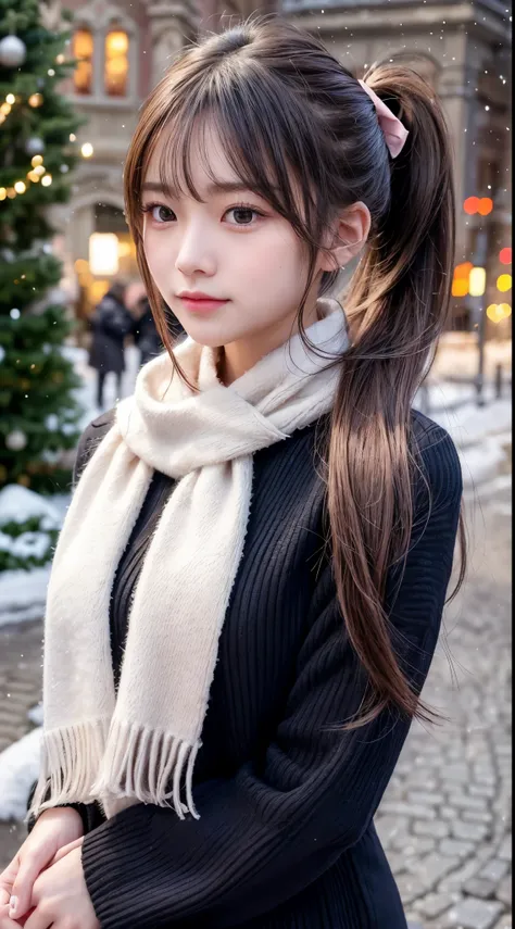 blush,Long hair ponytail,A big ribbon in her hair,(8k, RAW Photos, highest quality, Pieces fly:1.2), (reality, Realistic:1.4), (Highly detailed 8k wallpaper),  Sharp focus, Depth of written border, Cinema Lighting, Soft Light, Detailed beauty eyes,Shiny an...