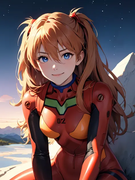 (masterpiece, highest quality), One girl, Beautiful Face, Beautiful body, souryuu_Asuka_Langley, Plug Suit, Bodysuits, Interface Headset, red Bodysuits, Hair between the eyes, Pilot Suit,((Show your whole body:1.5)), smile, sit, night, Mountain