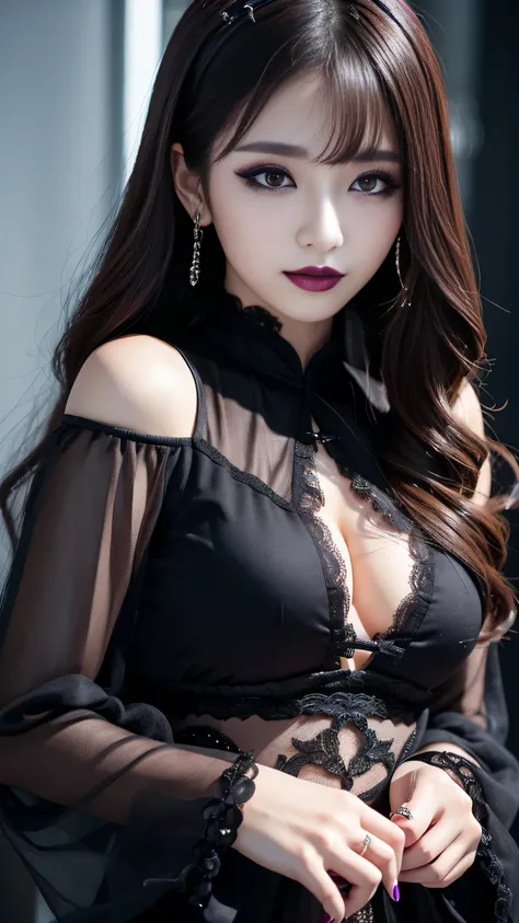 2girls、best quality、ultra-detailed、4k、Japanese、Seductive beauty、seductive adult woman、Pretty Woman、cool girl、Villainess、Brainwashed、brainwash、Fallen into evil、smirk、Evil look、Wicked Smile、evil、Brown hair、wavy hair、swept bangs、dark makeup、dark makeup、pierci...