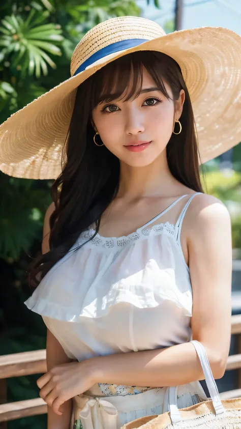 (realistic, photo-realistic:1.4), (extremely detailed 8k wallpaper), bokeh, detailed beautiful eyes and skin, (Image from thighs to head:1.3), (Japanese idol:1.3), 25yo, beautiful woman, smile, (large breast:1.2), full body, 
Ruffled linen skirt, sleeveles...