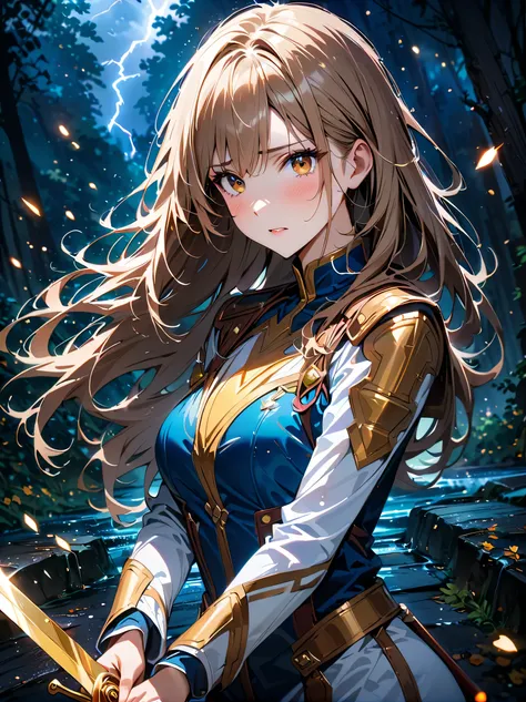 Fantasy, forest landscape photo, Swedish beauty, skin moist and shiny, (18-year-old female swordsman in a glittering battle uniform, with glittering golden decorations and a long sword that shines), (path, night, thunderstorm, terrible) cloudy, rainwater: ...