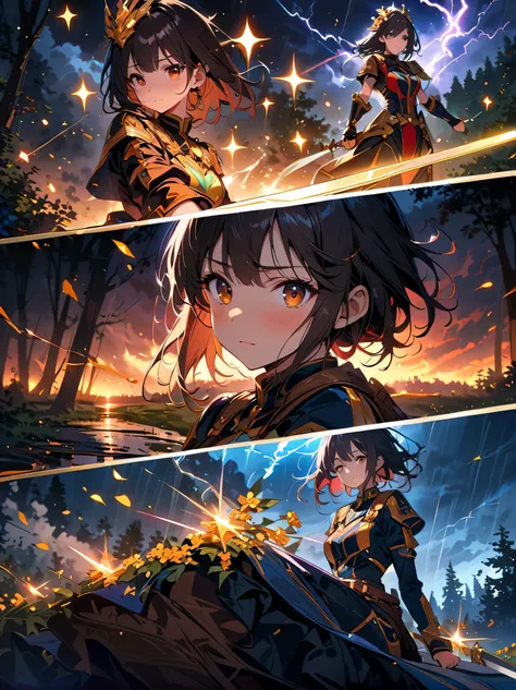 Fantasy, forest landscape photo, Swedish beauty, skin moist and shiny, (18-year-old female swordsman in a glittering battle uniform, with glittering golden decorations and a long sword that shines), (path, night, thunderstorm, terrible) cloudy, rainwater: ...