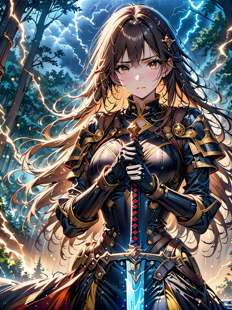 Fantasy, forest landscape photo, Swedish beauty, skin moist and shiny, (18-year-old female swordsman in a glittering battle uniform, with glittering golden decorations and a long sword that shines), (path, night, thunderstorm, terrible) cloudy, rainwater: ...