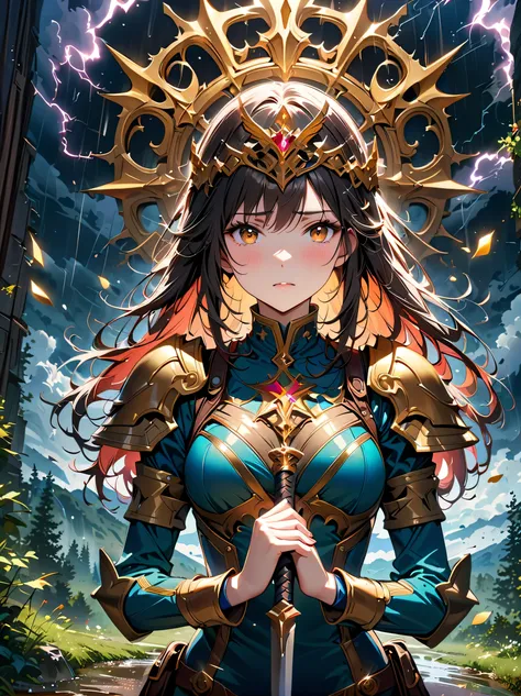 Fantasy, forest landscape photo, Swedish beauty, skin moist and shiny, (18-year-old female swordsman in a glittering battle uniform, with glittering golden decorations and a long sword that shines), (path, night, thunderstorm, terrible) cloudy, rainwater: ...