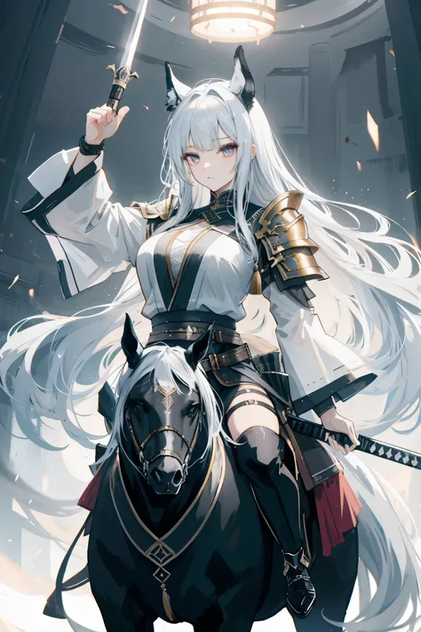 Generate an image of a majestic Swedish female warrior riding a horse, wearing a shiny armor and holding a sword up towards the sky. The warrior has long, flowing black hair with white highlights in the middle, thick wavy eyebrows, sharp almond-shaped eyes...