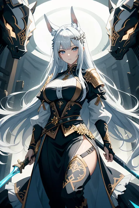 Generate an image of a majestic Swedish female warrior riding a horse, wearing a shiny armor and holding a sword up towards the sky. The warrior has long, flowing black hair with white highlights in the middle, thick wavy eyebrows, sharp almond-shaped eyes...