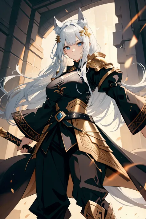 Generate an image of a majestic Swedish female warrior riding a horse, wearing a shiny armor and holding a sword up towards the sky. The warrior has long, flowing black hair with white highlights in the middle, thick wavy eyebrows, sharp almond-shaped eyes...