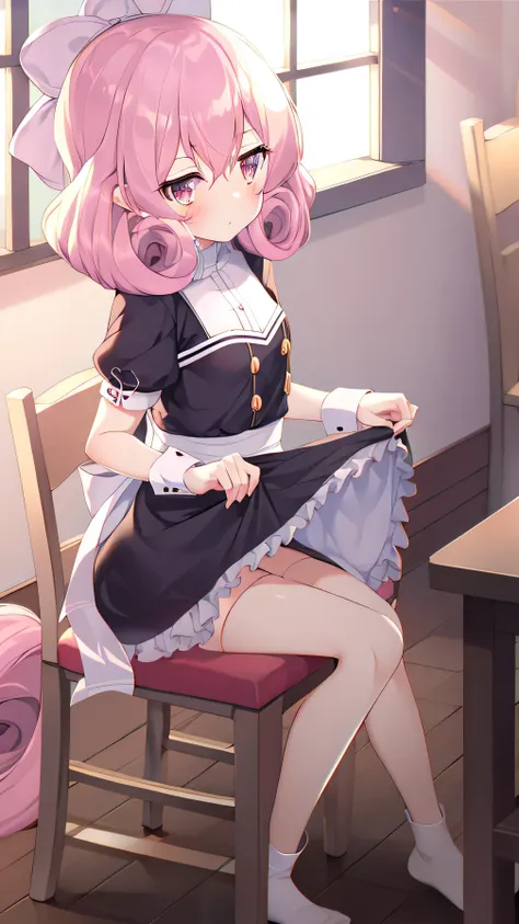 1 girl, , Solitary, lift your legs, Long hair, skirt, Pink_hair, maid_have, watch_take a step back, watch_Shown in_Look at the audience, By Bangs, Black_lift your legs, Blushed, Black_skirt, he himself, short_sleeve, clothing_lift, wrist_cuff, decorate, sk...